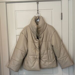 Lattelier Puffer Coat Medium Faux Leather Cream Beige High Collar